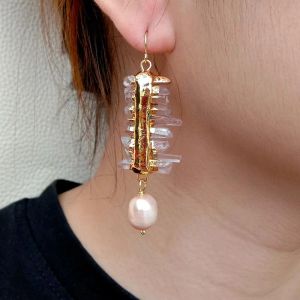 Earrings YYGEM Natural Red Lepidocrocite Quartz Druzy rough Cultured Pink Rice Pearl Hook Earrings