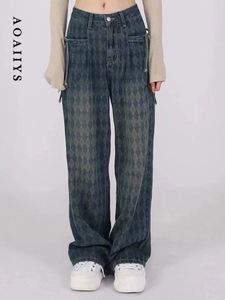Women's Jeans Aoaiiys Women High Waisted 2024 Chic Lace Up Plaid Designer Straight Button Y2K Wide Leg Pants