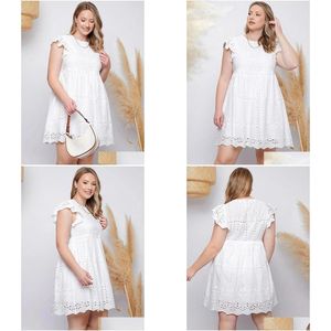 Plus -Size -Kleider weißes Baumwollkleid 4xl 5xl 2023 Sommer Frauen Rüschen Ärmeln Hohlloch Out Casual High Taille Short Mini Drop Delivery ap Dhyun