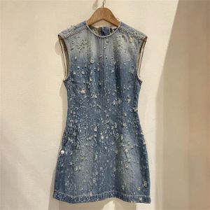 2023 Summer New Vintage Washed Old Hole Women's Dress Korean Fashion Cotton Denim Midi Dresses High Quality Sleeveless Top Traf