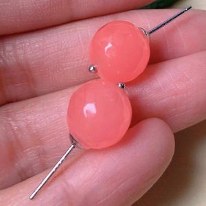 Dangle Küpeler 11mm Doğal Yuvarlak Pembe Chalcedony Boncuklar Gümüş Kulak Saplama Erkekler Ofis Çember Platin Minimalist Genç Parti Kristal