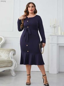 Urban Sexy Dresses New button up Midi dress with solid long Sve wrapped fishtail dress polyester party dress plus size womens clothing Y240402