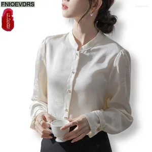 Kvinnors blusar S-XL 2024 Spring Summer Stand Collar Tops Women Basic Wear Office Lady Long Sleeve Retro Vintage Elegant Button Shirts