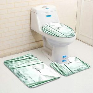 Bath Mats Chinese Style Mat Set Landscape Nature Scenery Green Bamboo Mountain Low Pile Flannel Rug Toilet Cover U-Shaped Carpet