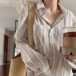 Kvinnors blusar överdimensionerade randiga skjorta vårkvinnor Vintage långärmad mode lös lapel passar blus koreansk stil