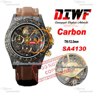 Di Carbon SA4130 Automatische Chronographen Herren Watch Diwf Skelett Gelbgold Arabisches Zifferblatt Brauner Nylon -Gurt Super Edition gleiche Serienkarte Reinigungszeit Reloj Ptrx