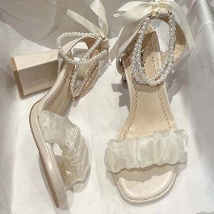 Buty Clear Heels Party Sandals Kobieta 2023 Pasek krzyżowy żeńskie buty med meds w wysokim dziewczęce średnie modne blok letni łuk