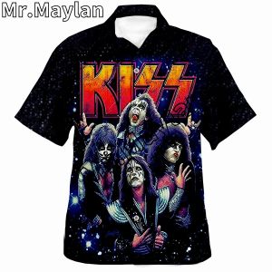 Rock Kiss Band 3D camisa impressa Hawaii Camiseta Homem de verão Camisa de manga curta Men camisas 2023 Grandes dimensões 5xl Chemise Homme-088