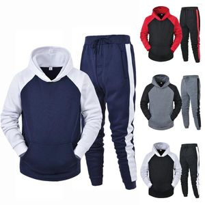 Herrspårspår Spring och Autumn Pant Set Fashionable Casual Splicing Hoodies Två stycken Outfits Färg som blockerar lösa sportuppsättningar