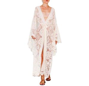 Kimono taglie forti Boho Beach Cover Up Kimono in pizzo Cardigan Cappotto Ragazza tradizionale sexy Kimono bianco Abito con maniche a campana da spiaggia all'uncinetto 1119269