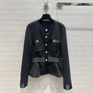 2024 Neues Frühling Frauen-O-Neck Black Fashion Casual Pocket Elastic High Taille Slim Fit Lang Sleeved Jacke