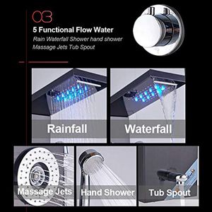 Luxury Black/Brushed Bathroom LED Shower Panel Tower System Wall Mounted Mixer Tap Hand Shower SPA Massage Temperature Screen