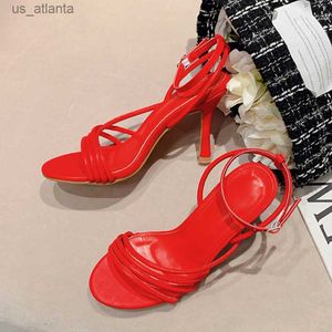Klädskor liyke sommar 9,5 cm gladiator sandaler kvinnor street stil smal band öppen tå tunna höga klackar modeparty röd vit h240403gfxq