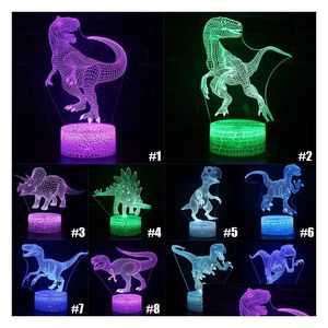 Dekoracje świąteczne Seria dinozaurów Colorf 3D Night LED dotyk LED Pilot Control Creative Dift Lampa stołowa Drop dostawa do domu gar dhqrk