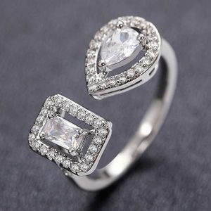 2PCS Wedding Rings Huitan Geometric Shaped Cuff Opening Rings for Women Silver Color/Gold Color Noble Cubic Zirconia Ring Accessory Fashion Jewelry