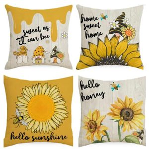 Pillow 2024 Sunflower Flower Print Cover 45X45 Bee Cartoon Pattern Square Case Living Room Sofa Bedroom Home Decor J1974