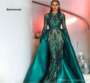 Elegant Muslim Green Long Sleeves Evening Dresses With Detachable Train Sequin Bling Moroccan Kaftan Formal Party Gown5686557