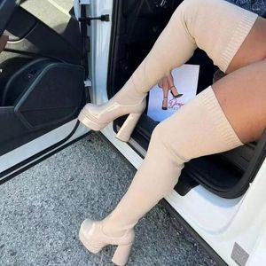 Dress Shoes Autumn/Winter Women Heel Elastic Knee Socks Boots Girls Sexy High Waterproof Platform Fashion