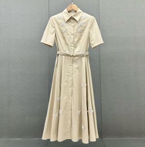 European fashion brand beige white lapel short sleeved gathered waist butterfly studded decorative midi dress