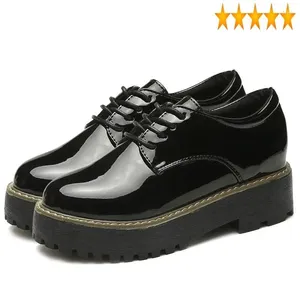 Casual Shoes Round British Style Fashion Womens Toe England Ladies Punk Shiny Patent Leather Platform Lace Up Footwear