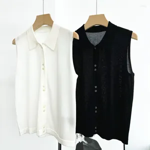 Women's Vests Top End Women Fashion Silk Blend Polo Collar Sleeveless Knitted Vest Lady Elegant All Match Single Button Tops Shirt Blouse