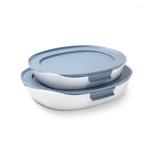 Strumenti per forno da forno set di piatti: vetro a 4 pezzi con coperchi blu ombra (1,5Qt e 2,5Qt)