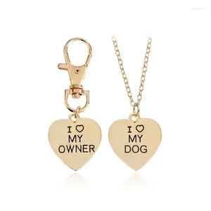 Necklace Earrings Set Cute Gold Silvery Heart Shaped I Love My Owner Keychains Dog Jewelry For Animal Pet Lovers Gift