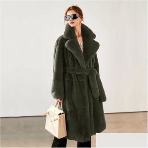 Womens Fur Faux Winter Coat Women Warm Long Coats Fluffy Suit Collar Lace-Up Chic Robe Solid Cardigan Jackets Sleeve Drop Delivery App Otv21