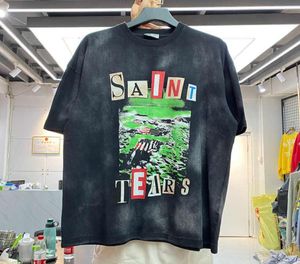 High Street Fashion Märke Saint Michael Landscape Printing Washed Old Short Sleeve Tshirt Par Loose Half Sleeve1802246