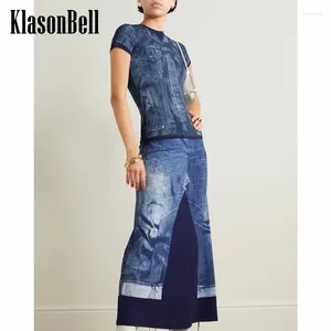 Vestidos de trabalho 2.23 klasonbell moda branco-tinta impressão algodão denim estilo manga curta camiseta ou cintura elástica saia longa conjunto feminino