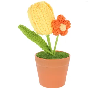 Flores decorativas Tulipe Pot Crochet Bonsai decoração de decoração caseira de tricô mini suprimentos simulados girassol