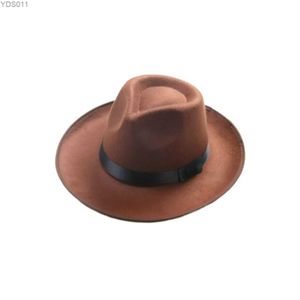 Wide Brim Hats Bucket Mens wool Fedora hat solid color church jazz UK wide brown felt winter gangster Trilby yq240403