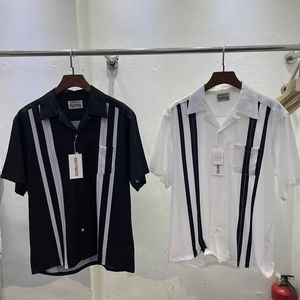 メンズTシャツNew 2023 Wacko Maria Two Tone Stripe Color Matching Hawaiian Shiptheeve Shirt Summer Casual Best Quality Maria Shirts J240402