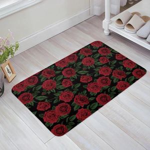 Carpets Red Rose Flower Green Leaves Bedroom Floor Mat Home Entrance Doormat Kitchen Bathroom Door Decoration Carpet Anti-Slip Foot Rug