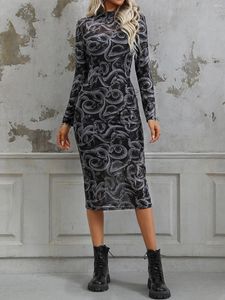 Casual Dresses Goth Dark Snake Printed Grunge Punk Mesh Sexy Mall Gothic Aesthetic Sheer Midi Dress Women Vintage Mock Neck Alt Clothes