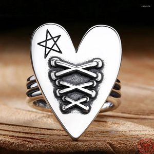 Rings de cluster genuíno S925 Prata esterlina para homens Menas Cadeia de moda Bandagem Love Hearts Pattern Punk Jóias