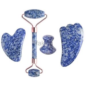 Massage Stones Rocks Natural Blue White Dot Jade Roller And Gua Sha Face Roller Gouache Scraper Facial Lifting Jade Massager Anti-Wrinkle Skin Care 240403