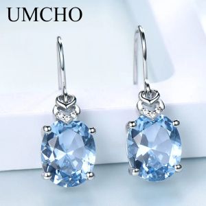 Brincos Umcho Nano Blue Topázio Brincos de pedras preciosas para mulheres 925 Prata de prata esterlina Brincos coreanos de meninas Jóias de festa de moda