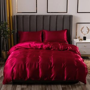 Lism Polyester Ice Silk Three-Piece Set Simple Solid Color Quilt Pillow Case Silky Naked Sleeping Bedding 240401