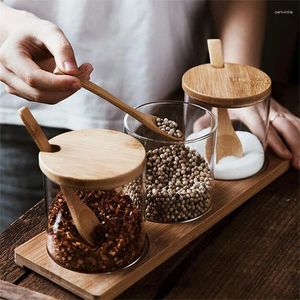 Storage Bottles 3 Piece Set Glass Seasoning Jars For Kitchen Transparent Bottle Wood Covers Wooden Spoons With Base