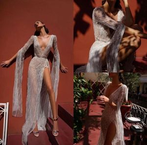 Inbal Dror Beach Wedding Dresses V Neck Lace High Split Illusion Bodice Floor Length Bohemian Wedding Dress Long Sleeve Bridal Gow8043583