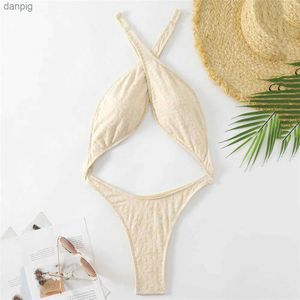 Women's Swimwear Sexy Off White Flower Swimwear One Piece Swimsuit Women Cross Bandage Cut Out Monokini High Cut Bathing Suit Swimming Beach Wear Y240402