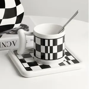 Mugs Creative Ceramic Black And White Checkerboard Milk Cup Retro Coffee Saucer Household Snack