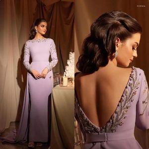 Party Dresses Aleeshuo Elegant Lilac Mermaid Prom Dressess Long Sleeves Evening Dress O-Neck Pärled Crystal Backless Arabia Formal 2024