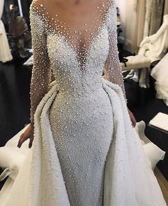 Major Beading Mermaid Wedding Dresses With Detachable Train Sheer Neck Peals Beaded Long Sleeves Gorgeous Bridal Dress vestido de 4185415