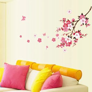 3D Pink Tree Wall Stickers Rum Persikan Blossom Flower Fjäril Diy Wall Stickers Poster Vinylkonstdekaler Dekor Mural Wallpaper