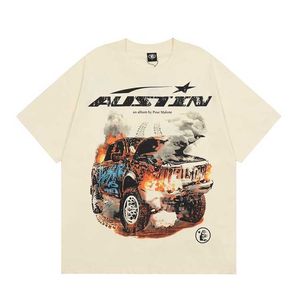 Hellstar Summer American Hell Star Collaboration Wind Fire Car Print T-shirt Mens and Womens Trendy Brand Kort ärm T-shirt Mens