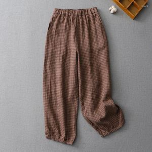 Calça feminina Limiguyue Mulheres Vitnage Linen Bolsa Literária Bolsões Retro Radish Algodão Calça Casual Summer Loose E