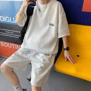 Män sommar våffla sport kostym casual lös t -skjortor shorts streetwear träning hem bär koreansk mode stilig twopiece set 240321