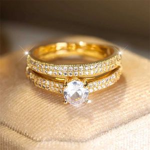 2PCS Wedding Rings White Zircon Engagement Ring Sets Luxury Crystal Round Stone Double Rings For Women Vintage Gold Color Wedding Band Boho Jewelry